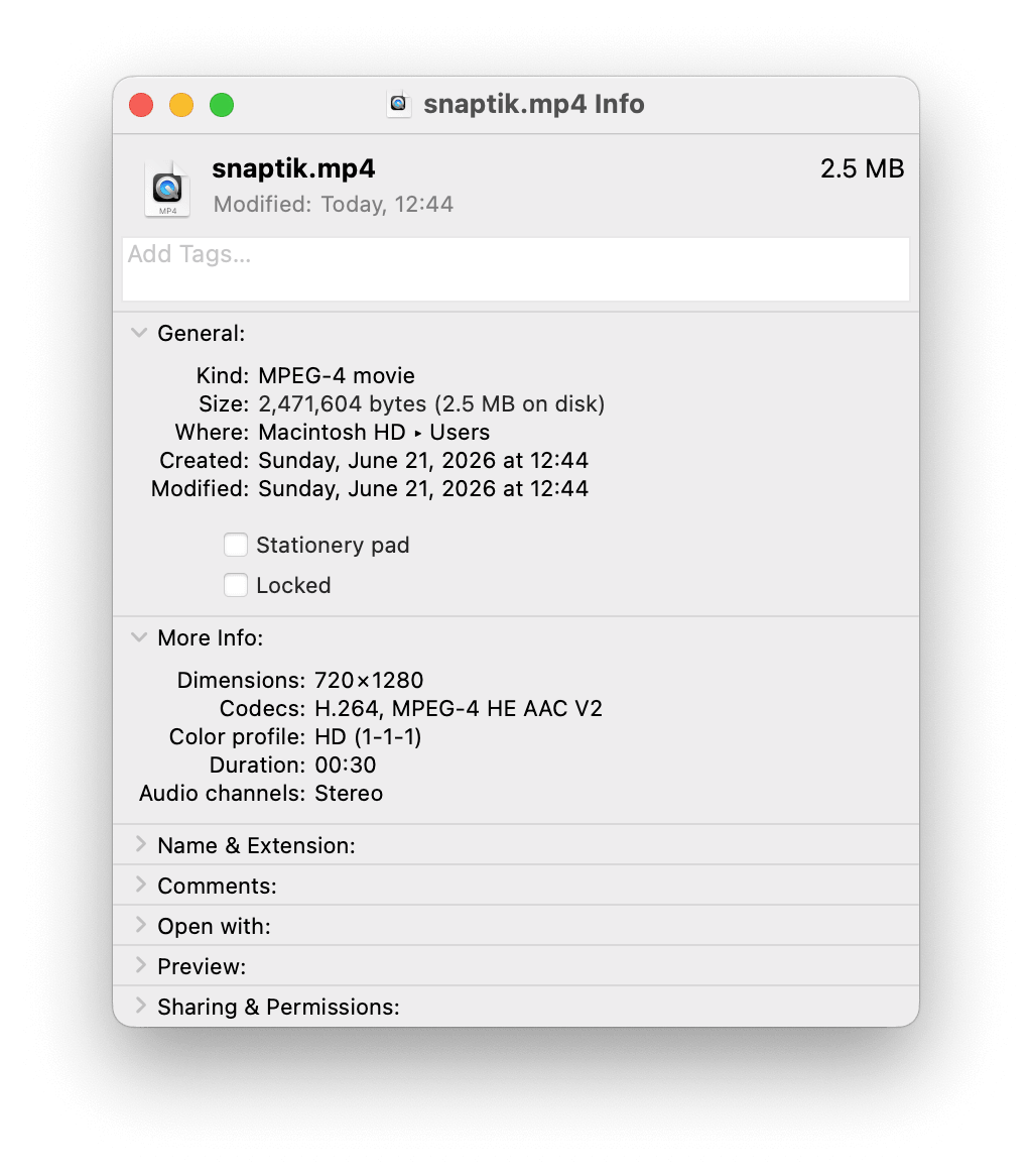 macOS Finder Get Info for SnapTik download showing 720×1280 resolution, H.264 codec, and 2.5 MB file size