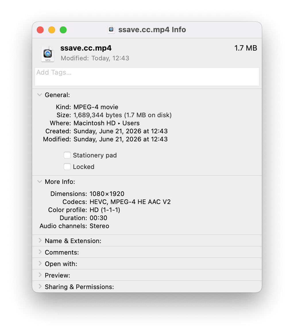 macOS Finder Get Info for ssave download showing 1080×1920 resolution, HEVC codec, and 1.7 MB file size