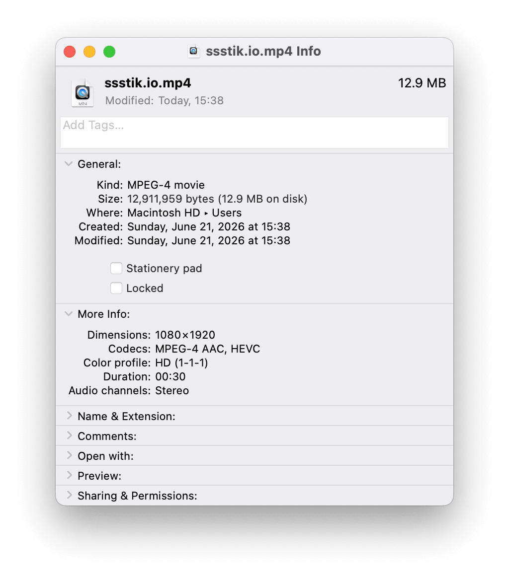 macOS Finder Get Info for SSSTik download showing 1080×1920 resolution, HEVC codec, and 12.9 MB file size