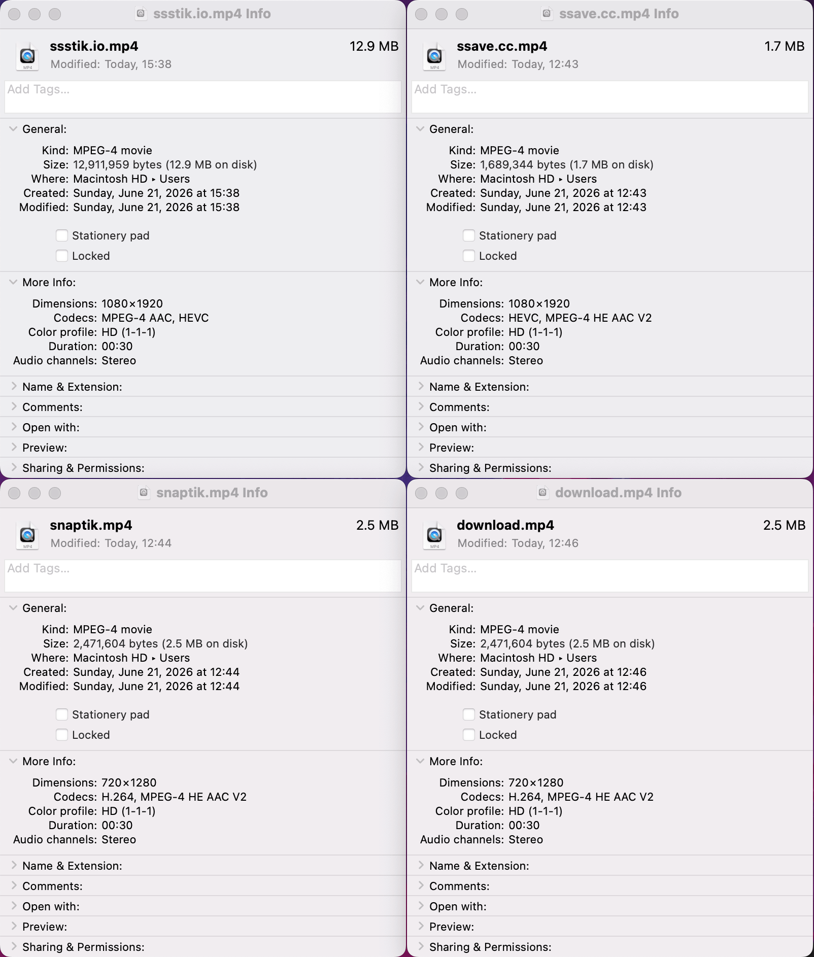 Four-panel collage of macOS Finder Get Info windows comparing file metadata from SSSTik, ssave, SnapTik, and Tikup downloads of the same TikTok video