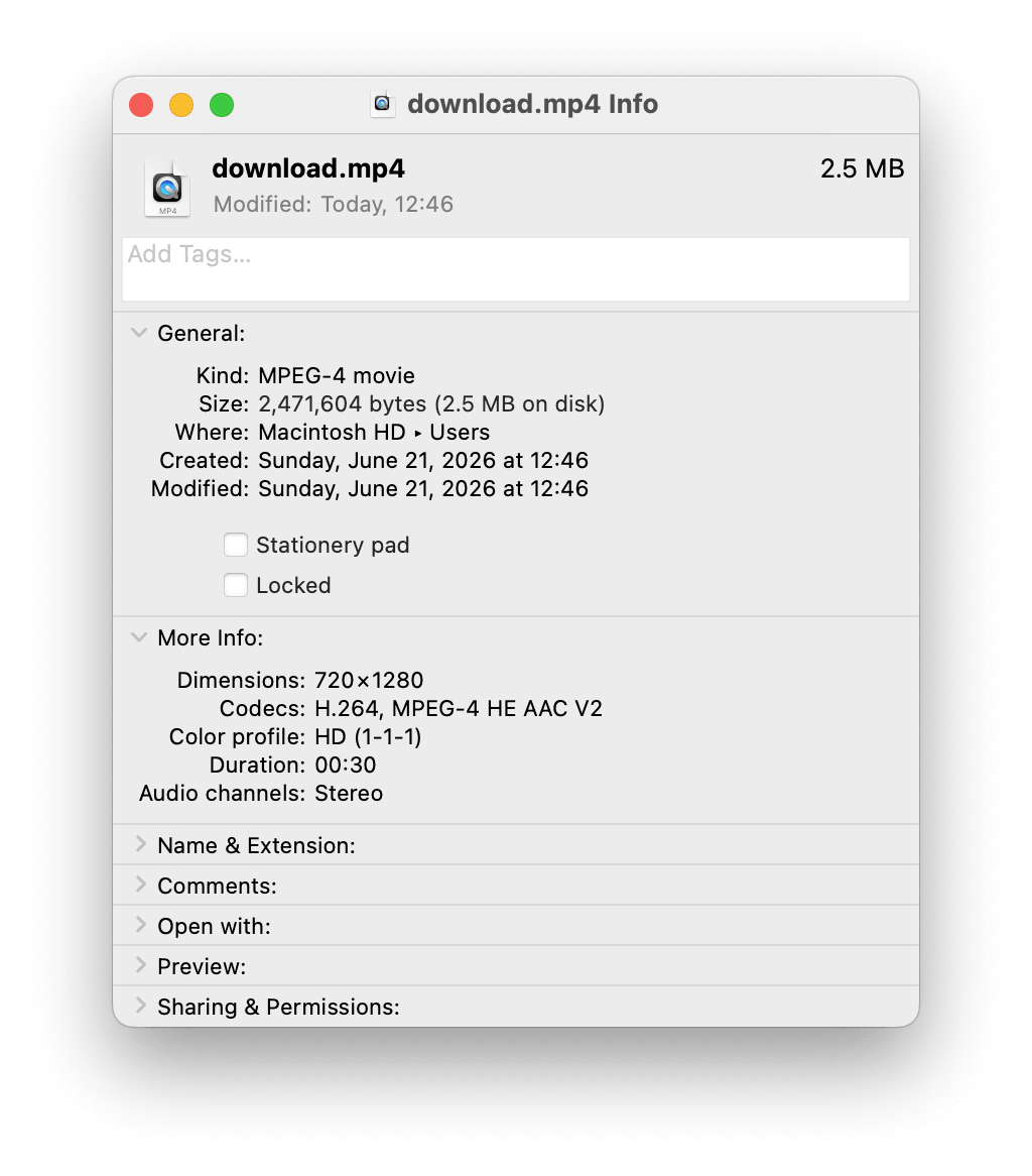 macOS Finder Get Info for Tikup download showing 720×1280 resolution, H.264 codec, and 2.5 MB file size
